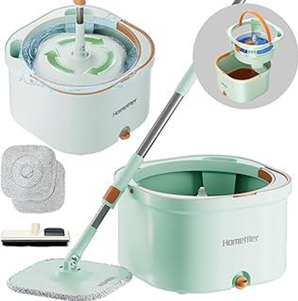 Wischmopp Set Mit Eimer,Bodenwischer 2 Kammer System,360°Drehbarer Bodenwischer,Bodenwisch-Set &Wischeimer,Mop Set mit Auswringfunktion und Telesk...