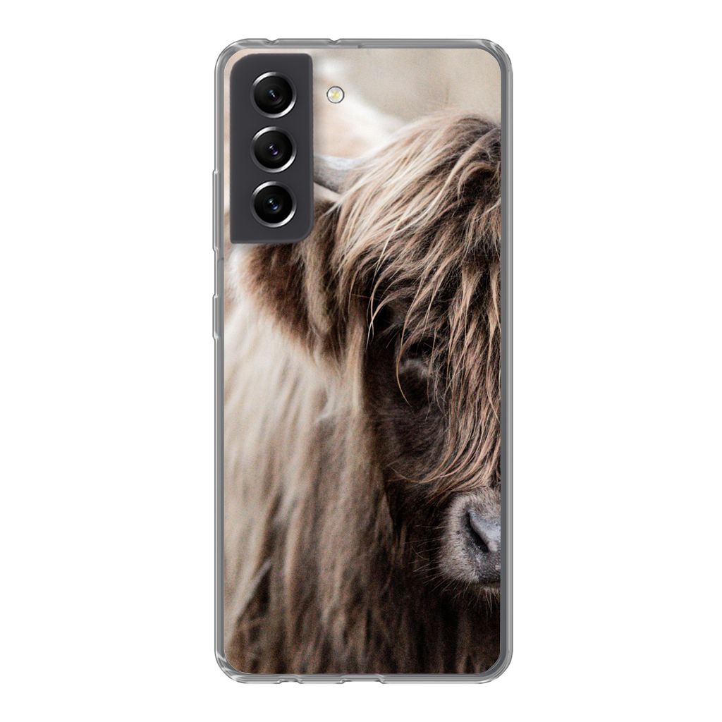 MuchoWow Handyhülle Schutzhülle Hülle für Samsung Galaxy S21 FE Schottischer Highlander - Kuh - Vlies Silikon Softcase Handy Hülle - Mobilte...