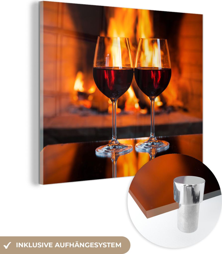 MuchoWow Glasbilder - Bilder auf Wandbild - Foto auf Glas Zwei Gläser Rotwein am offenen Feuer 20x20 cm Wanddekoration aus Glas - Acrylglasbild - ...