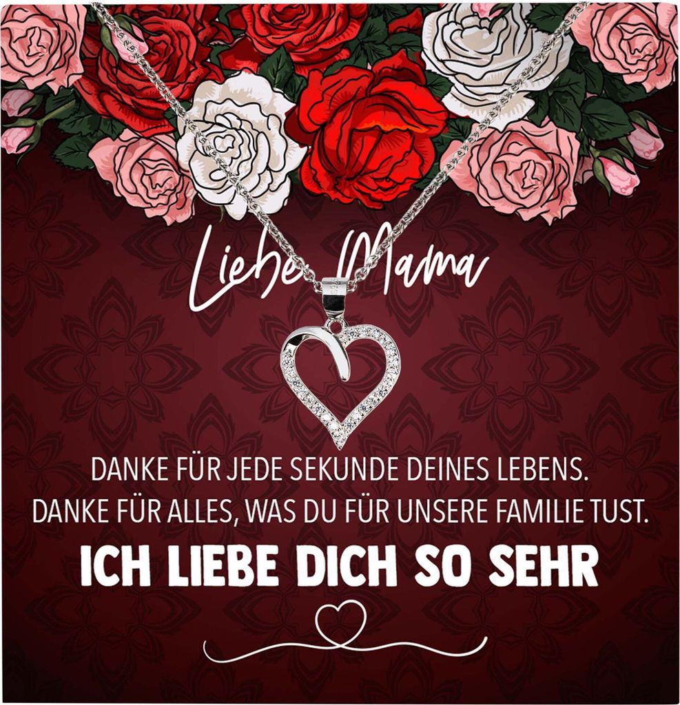 22Feels Echt Silber Halskette - Liebe Mama Geschenk Geburtstag Muttertag Mutter Schmuck Set für Frauen - Herz Anhänger, Karte