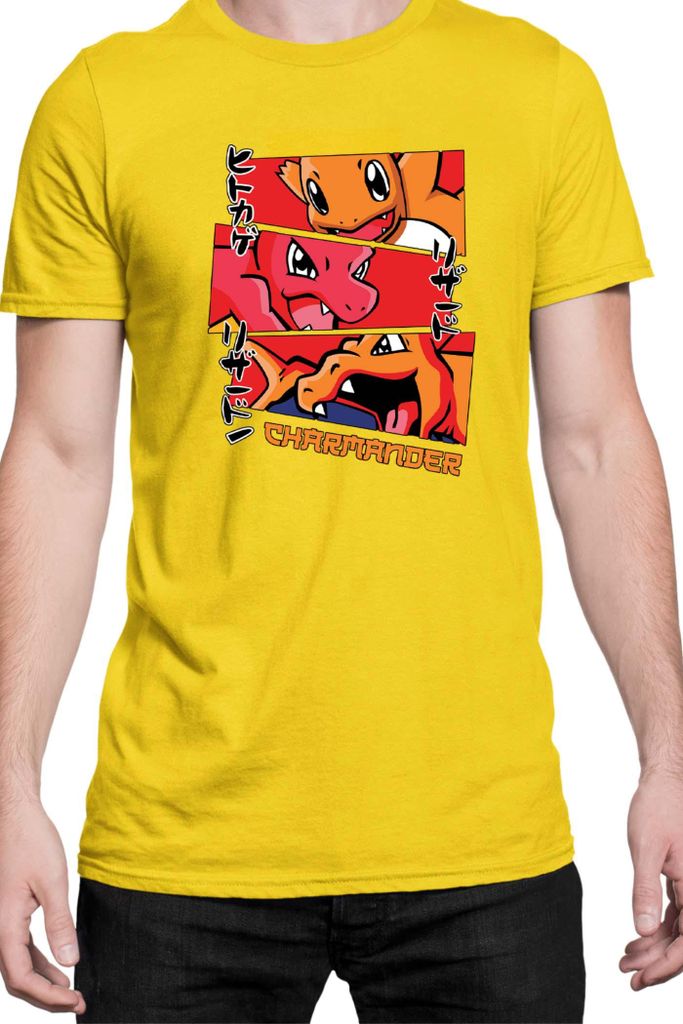 Herren T-Shirt Japan Manga Anime Comics Animation Pokeball Charmander Evolutions, Man M / Gelb