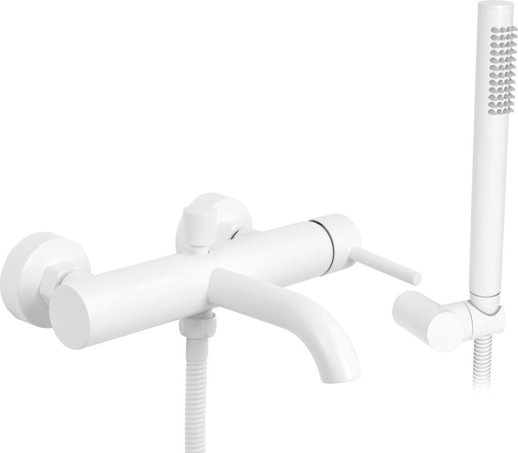 A white bathtub faucet with a handheld showerhead, presented against a white background.