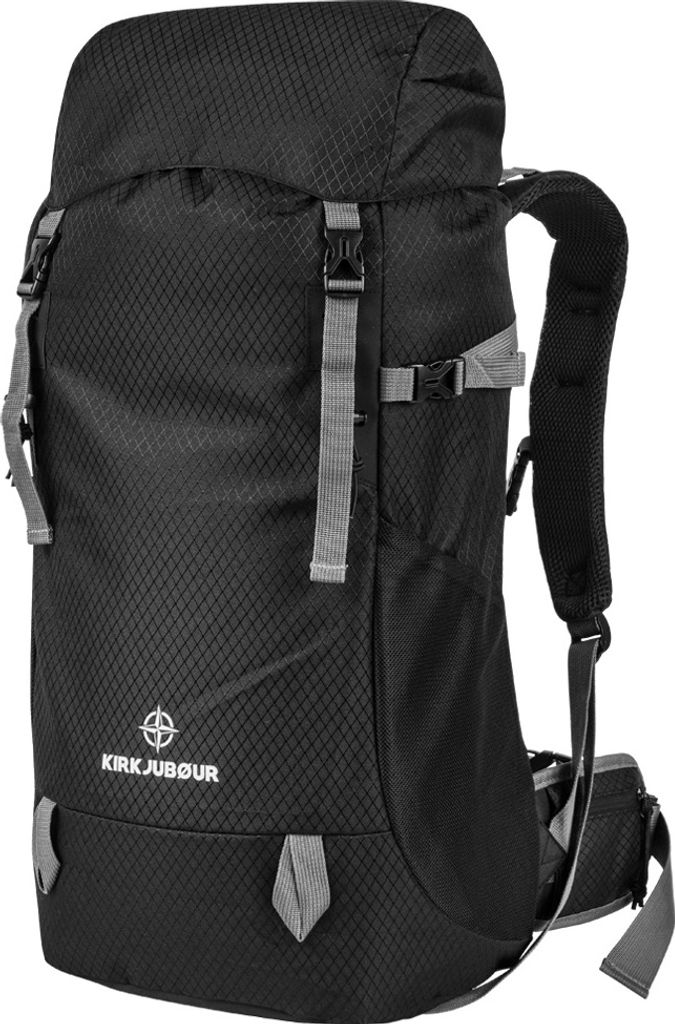 KIRKJUBØUR "Vindelfjäll" Trekking Rucksack | 35L Volumen | Wasserabweisend | Hüftgurt & Rückenpolster | Regencape & Reflektoren | schwarz | KJ-105