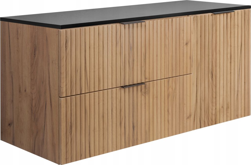 Rodan | Badezimmerschränke 120cm | Braun Matt - Holz | B/H/T 120/57/46 cm | Geriffelte Türen - Schwarze Platte - Badmöbel - Badschrank