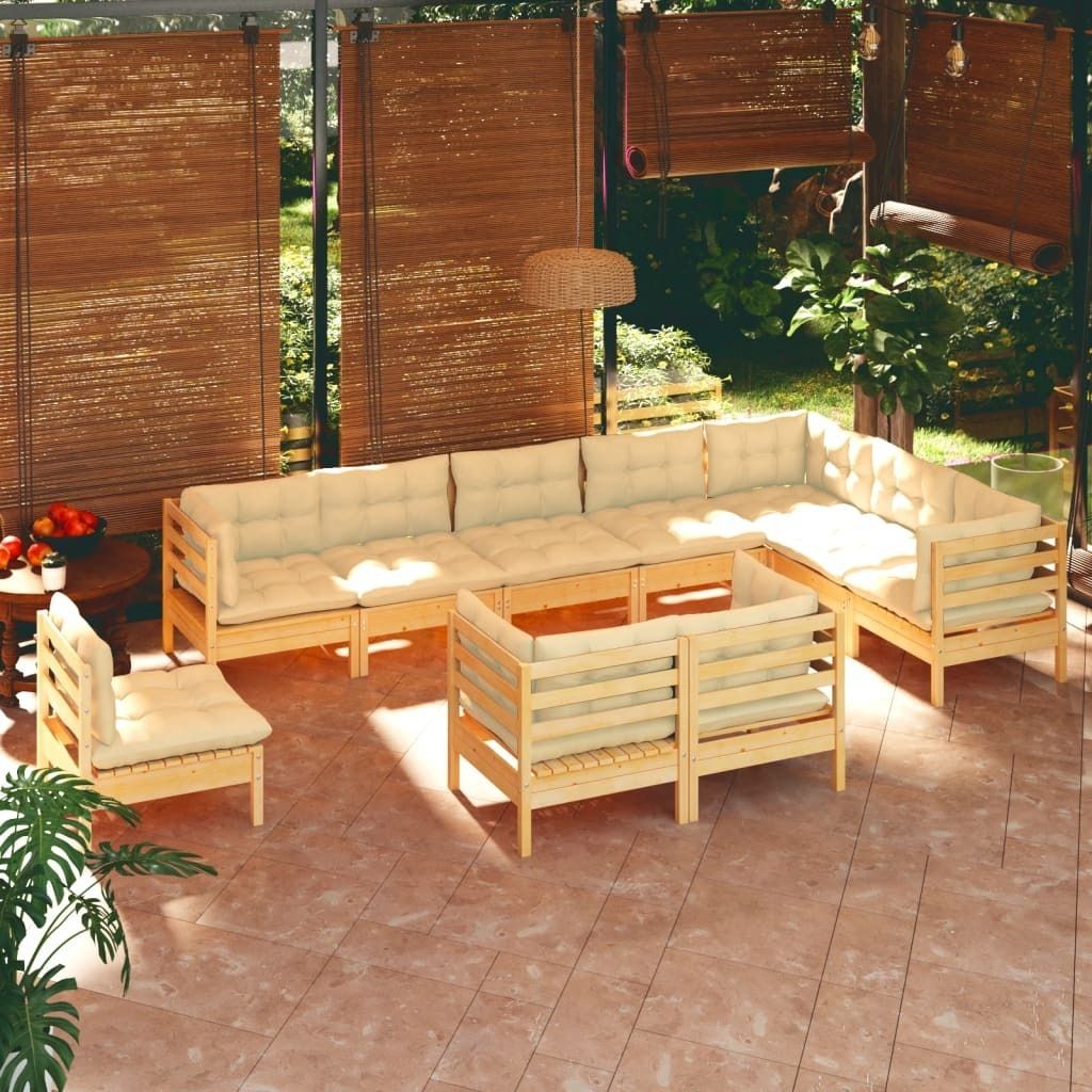 2024 Moderne Gartenmöbelgarnituren 10-tlg. Garten-Lounge-Set mit Creme Kissen Massivholz Kiefer 876677