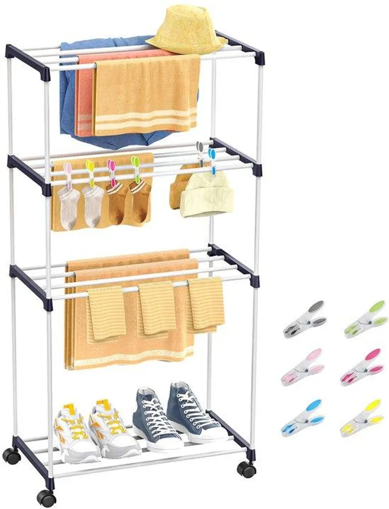 Desserte à linge peu encombrante 4 étages modulable en plastique blanc