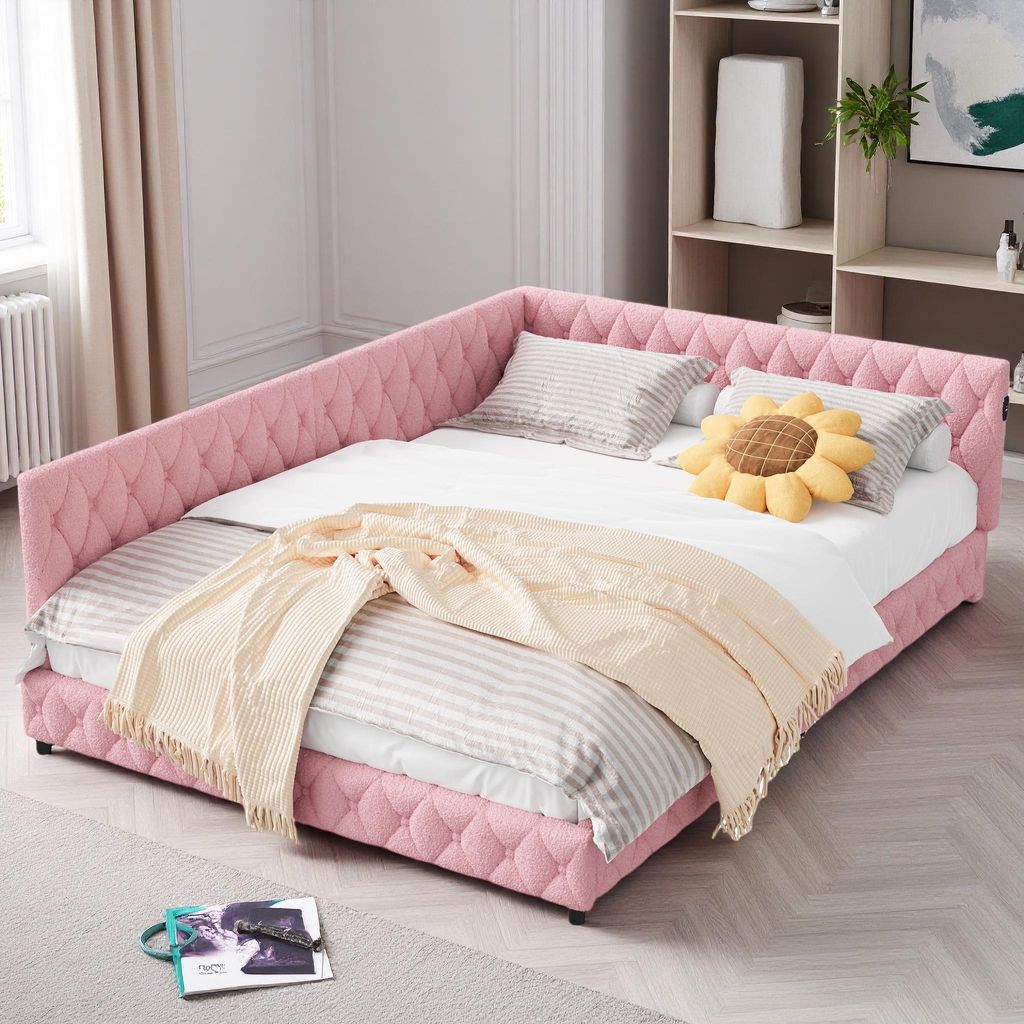 140 x 200 cm großes Bett aus zartrosa Stoff mit umlaufender LED-Beleuchtung und integrierten USB-Anschlüssen, modernes und gemütliches Design