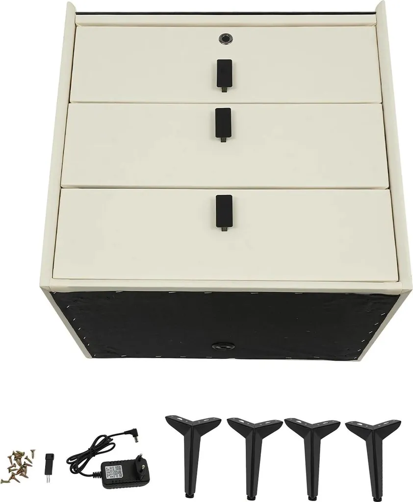 Commode de nuit connectée avec 3 tiroirs et port de charge USB Beige