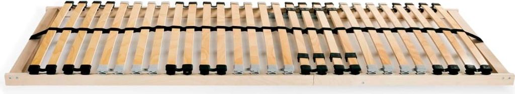 A wooden bed slatted base is shown from a low angle against a white background.