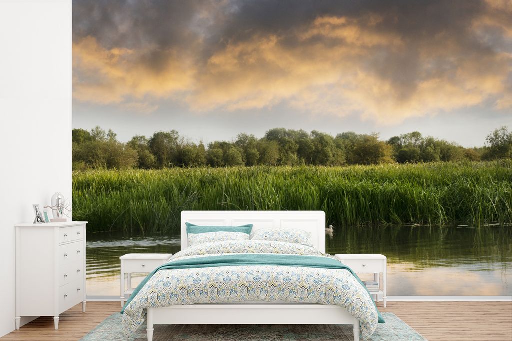 MuchoWow Fototapete für Wohnzimmer oder Schlafzimmer Wandtapete Vinyl Motivtapete Schwäne - Küken - Wolken - 420x280 cm - Zimmer für Kinder