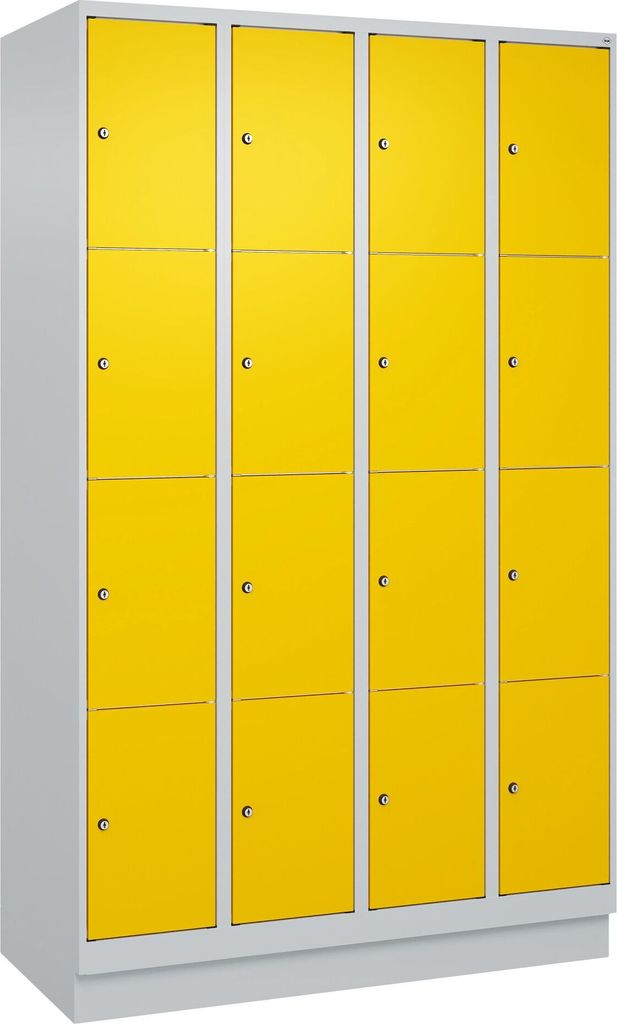 C+P Fächerschrank "Classic Plus", 4 Fächer übereinander, Abteilbreite 30 cm, mit Sockel, Verkehrsgelb (RAL 1023), 195x120x50 cm/ 16 Fächer