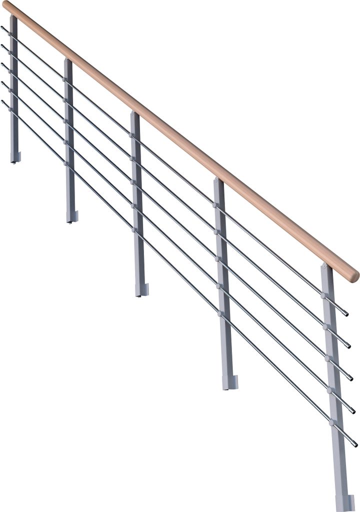 Treppengeländer Modell Kos Gerade-15 Stufen-Metall-Buche-Grau RAL 9006