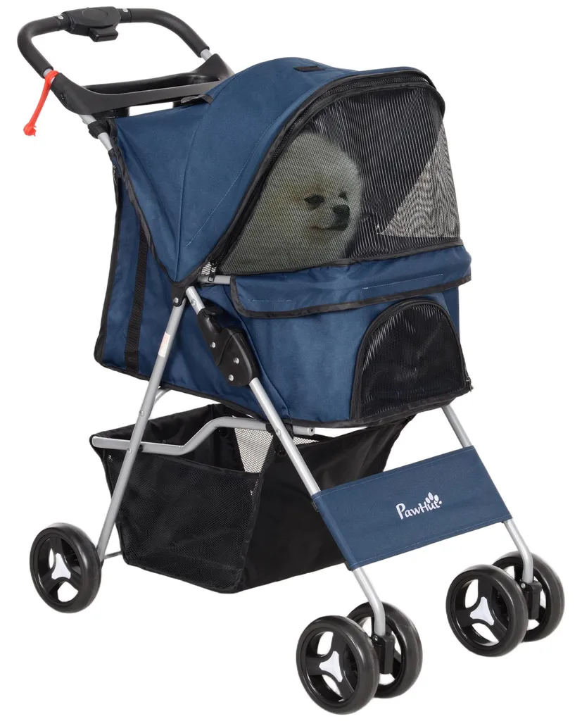 Poussette pour chien et chat pour voyage et ville pliable bleu foncé