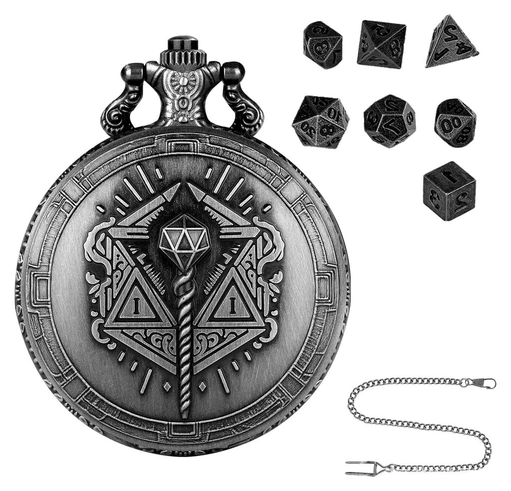 Würfelspiel-Halskette, Taschenuhr mit Würfeln, tragbar, Polyhedral Dice Toys, Steampunk-Brettspielzeug, 7-teilig, Metallwürfel, kleines Würfelz...