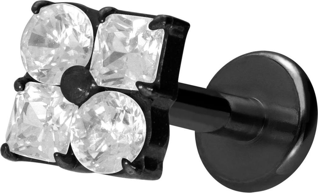 Ohrpiercing, Nasenpiercing Titan Labret mit Innengewinde KRISTALLBLUME Schwarz Stablänge: 10mm | Stabstärke: 1,2mm