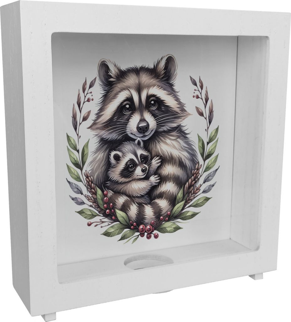 Waschbärmama mit Baby Rahmen Spardose aus Holz