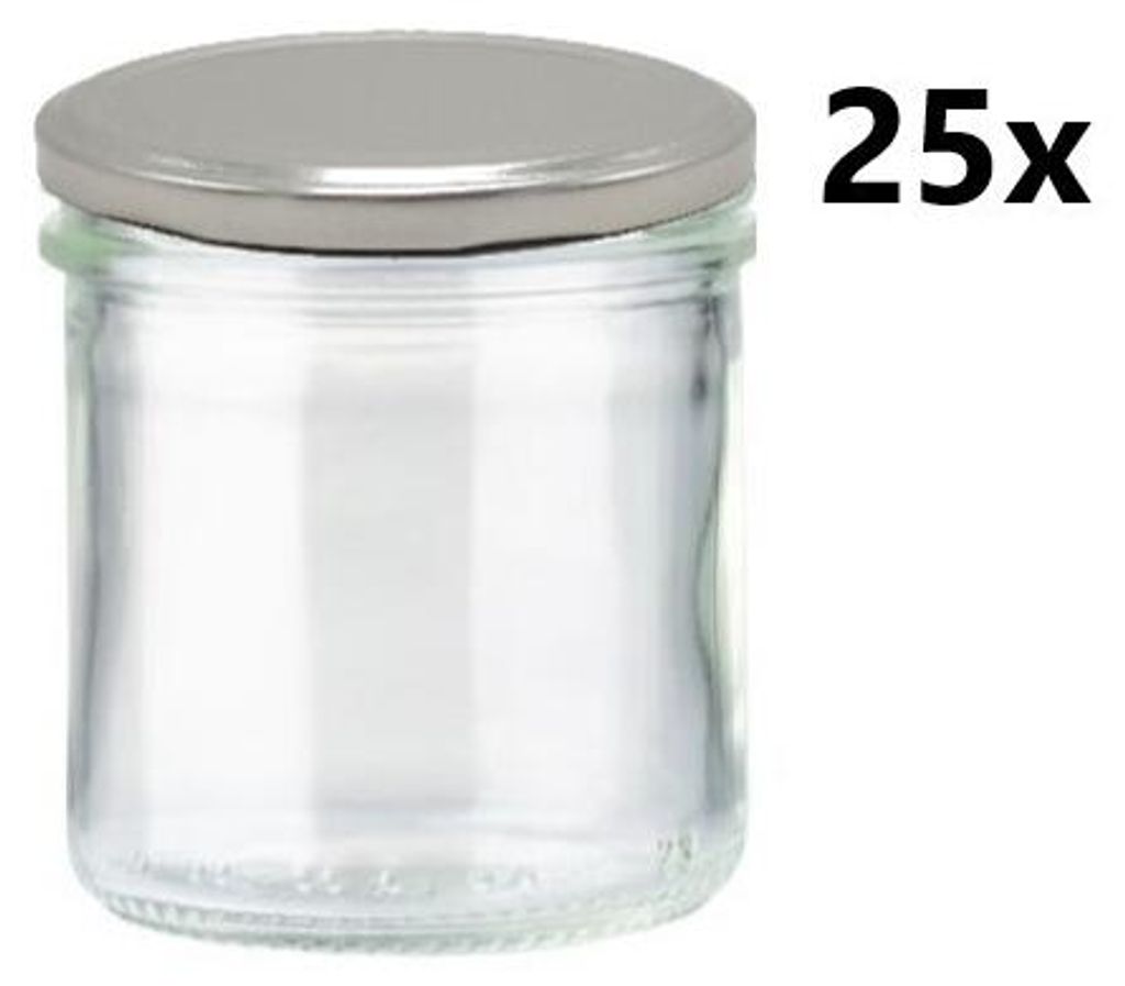 A clear glass jar with a silver lid, shown in isolation against a white background. The number '25x' is overlaid on the right side of the image.