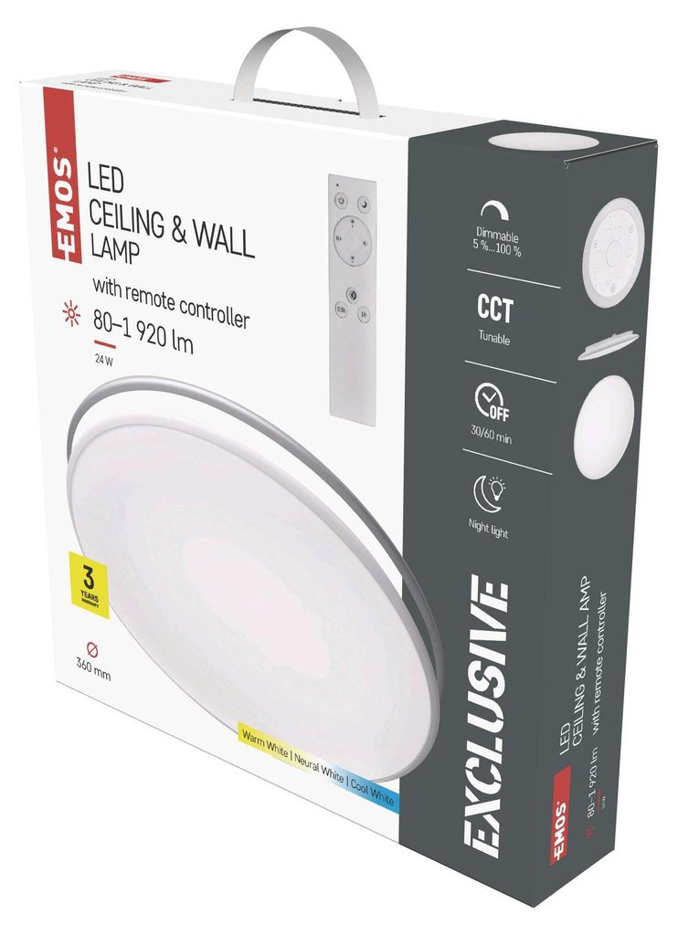 EMOS LED Deckenleuchte 24W dimmbar mit Fernbedienung, einstellbarer Helligkeit 80–1920 lm und Lichtfarbe 2700–6500 K, Nachtlicht + Timer, ZM5165
