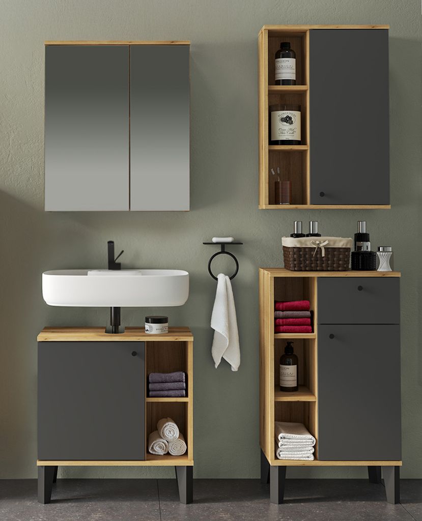 Badmöbel-Set 4-teilig mit Waschbeckenunterschrank 60 cm, Spiegelschrank, in Eiche mit grau OLEAN-61