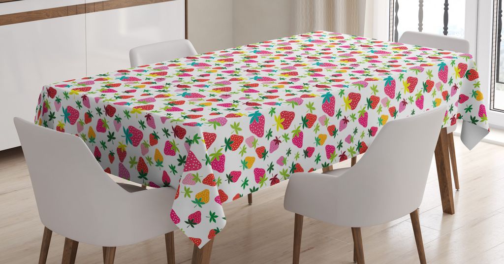 ABAKUHAUS Obst Tischdecke, Cartoon Erdbeeren, Druck mit Klaren Farben ohne Verblassen Waschbar für innen oder Außen Bereich, 140 x 240 cm, Rosa Senf