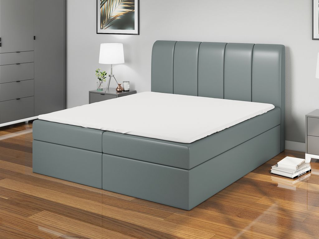 Boxspringbett DIN 120x200 mit 2 Bettkästen, Bonell-Matratze und Topper. Farbe: Grau
