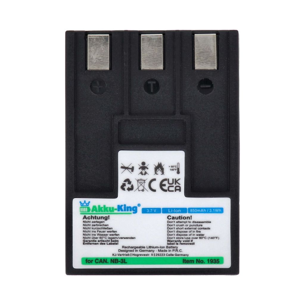 Akku kompatibel mit Canon NB-3L - Li-Ion 850mAh - für Digital Ixy Digital 30, 30a, 600, Ixus 700, Ixus 750, Ixy Digital 30, PowerShot SD10