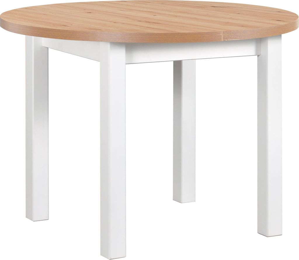 A round dining table with a light wood top and white legs, isolated on a white background.