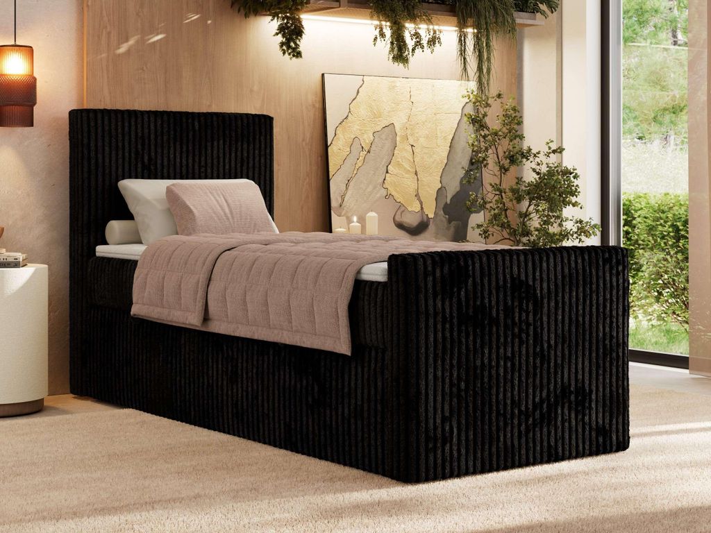 MKS MEBLE Boxspringbett 90x200 TILIANO DUO mit Stauraum, 7-Zonen-Taschenfederkernmatratze, Cordbezug, Einzelbett für Schlafzimmer & Hotel - Schwar...