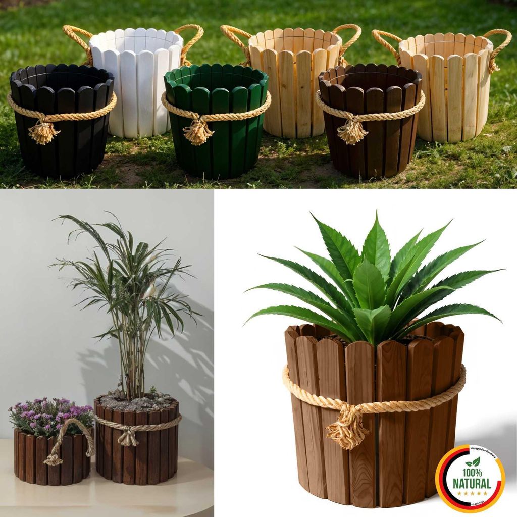 Floranica Runder Blumentopf 30 x 30 cm Braun Pflanzentopf aus Kieferholz für Haus Garten