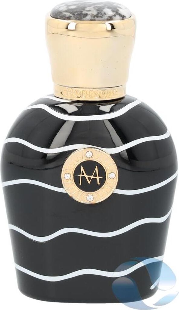 A black perfume bottle with white wavy stripes and a gold cap.