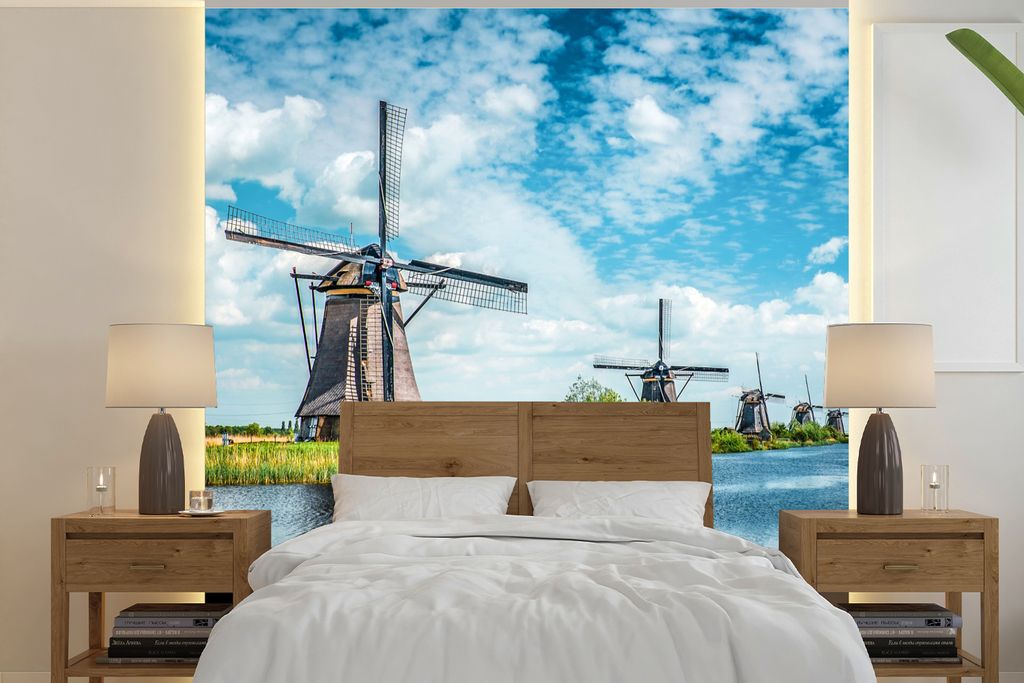 MuchoWow Fototapete für Wohnzimmer oder Schlafzimmer Wandtapete Vinyl Motivtapete Mühle - Luft - Niederlande - 280x280 cm - Hintergrundbild