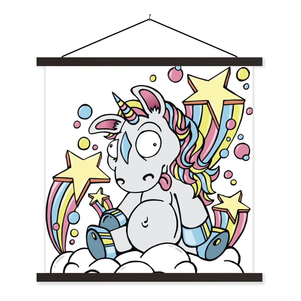 MuchoWow Textilposter Eine Illustration eines weißen Einhorns auf einer Wolke - Mädchen - Kinder - Kinder 90x90 cm mit schwarzem Rahmen - Magne...