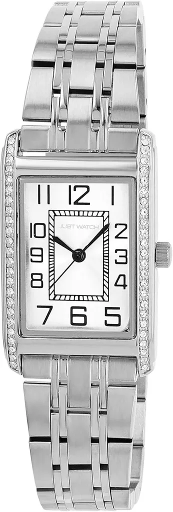 Orologio da donna Ebba con bracciale a maglie in acciaio inossidabile, cassa rettangolare 30x24 mm, pietre simili, impermeabile 5 ATM, ipoallergenico, regolabile 21 cm
