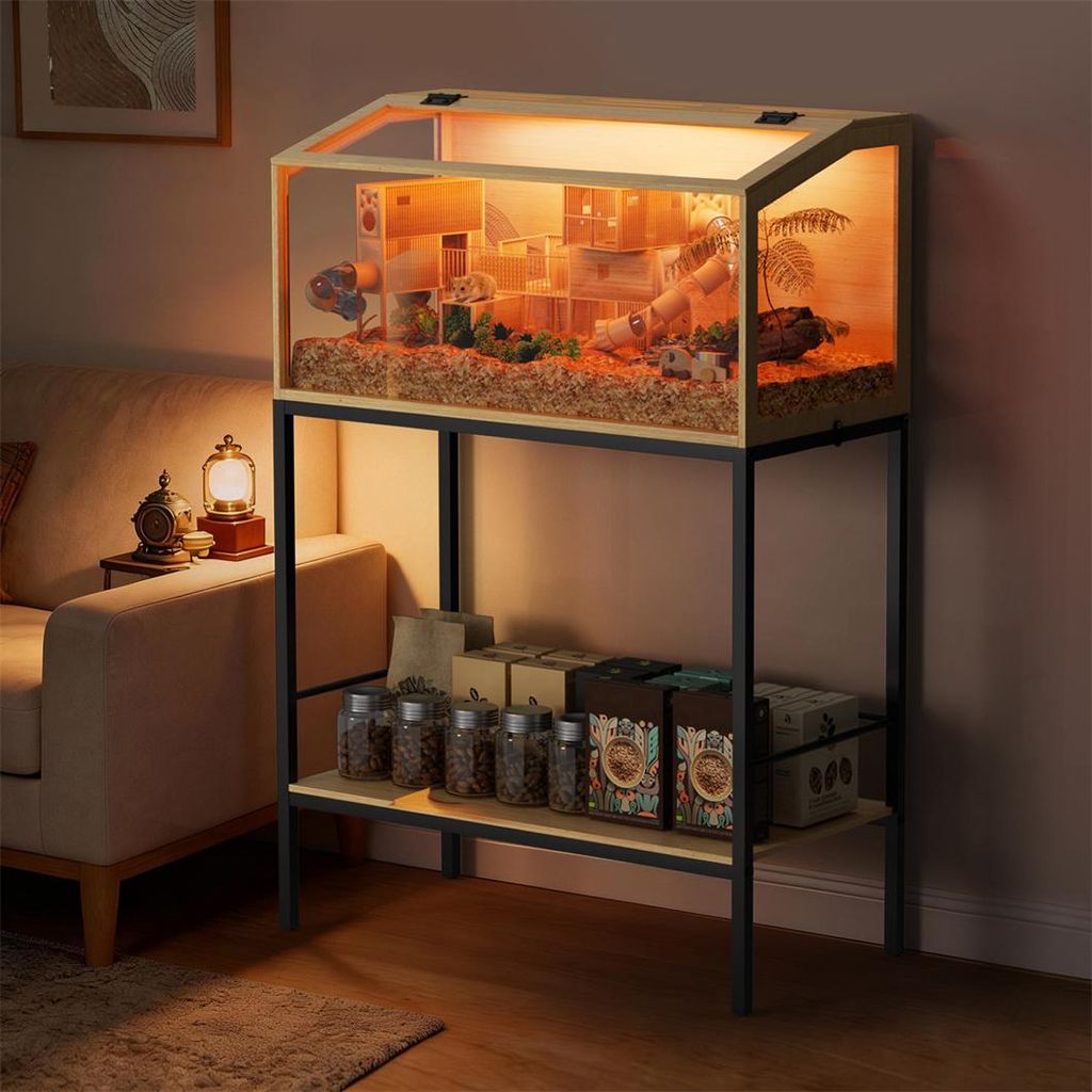 WISFOR Hamsterkäfig mit Regal und LED Leuchte, Kleintierhaus aus Holz, Mäusekäfig mit klappbarem Deckel, Sichtfenster, 80x39.6x116cm