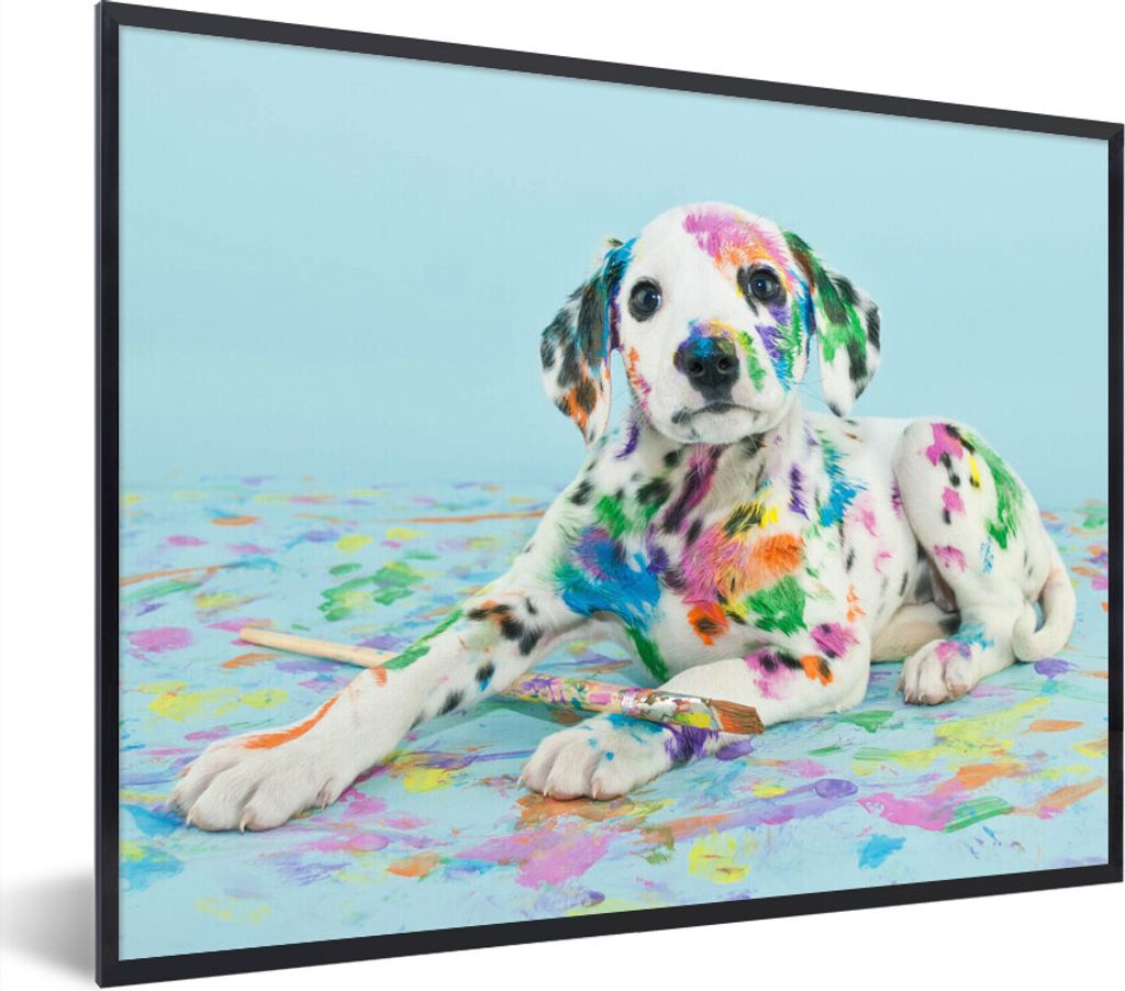 MuchoWow MuchoWow Gerahmtes Poster Hund - Farbe - Blau 80x60 cm - Poster mit zchwarzem Bilderrahmen - Schwarzem - Mit Gestell