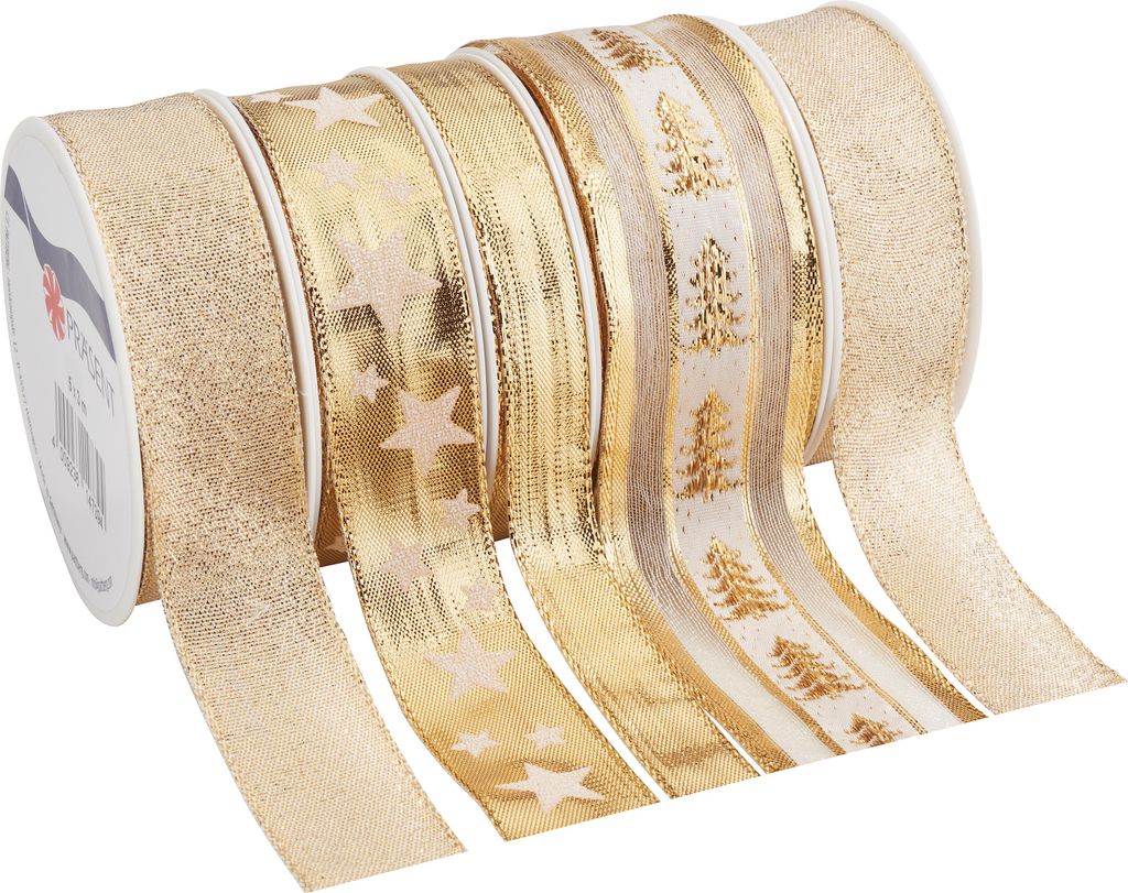 PRÄSENT Geschenkband Weihnachten satiniert gold 15,0/25,0/40,0 mm x 5x 3,0 m