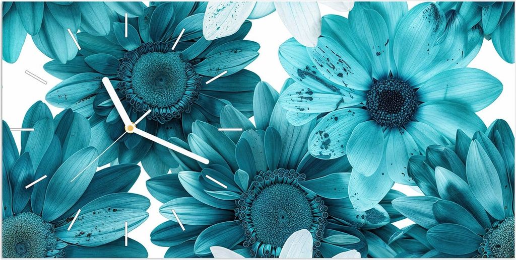Wanduhr aus Glas mit Motiv Blaue Blütenpracht- 60 x 30 cm - inkl. Aufhängesystem