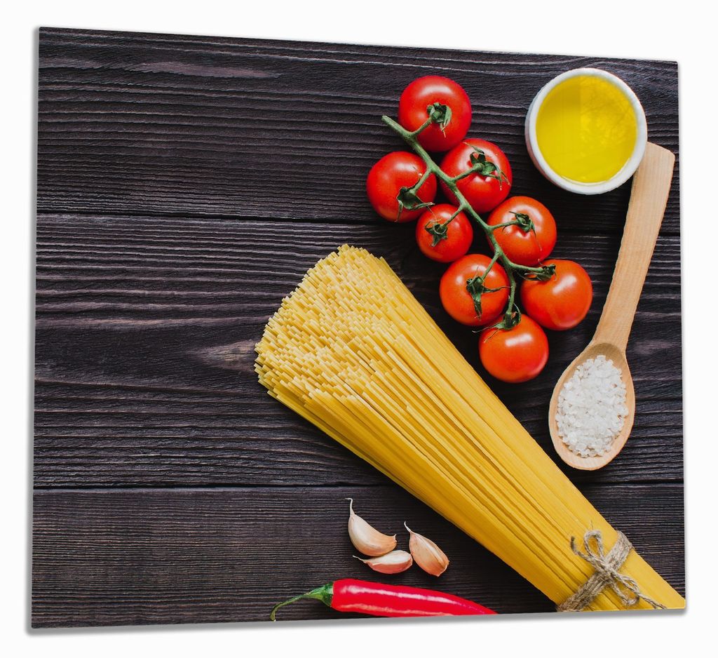 Wallario Herdabdeckplatte aus Glas, Größe 60 x 52 cm 1-teilig, Motiv Italienisches Menü mit Spaghetti, Tomaten, Salz und Chilischoten