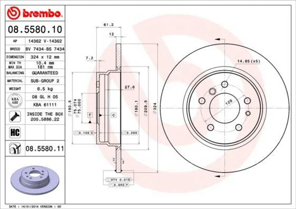 Disque de Frein Brembo 08.5580.11 Anti-Corrosion pour BMW Série 7 E38 OE