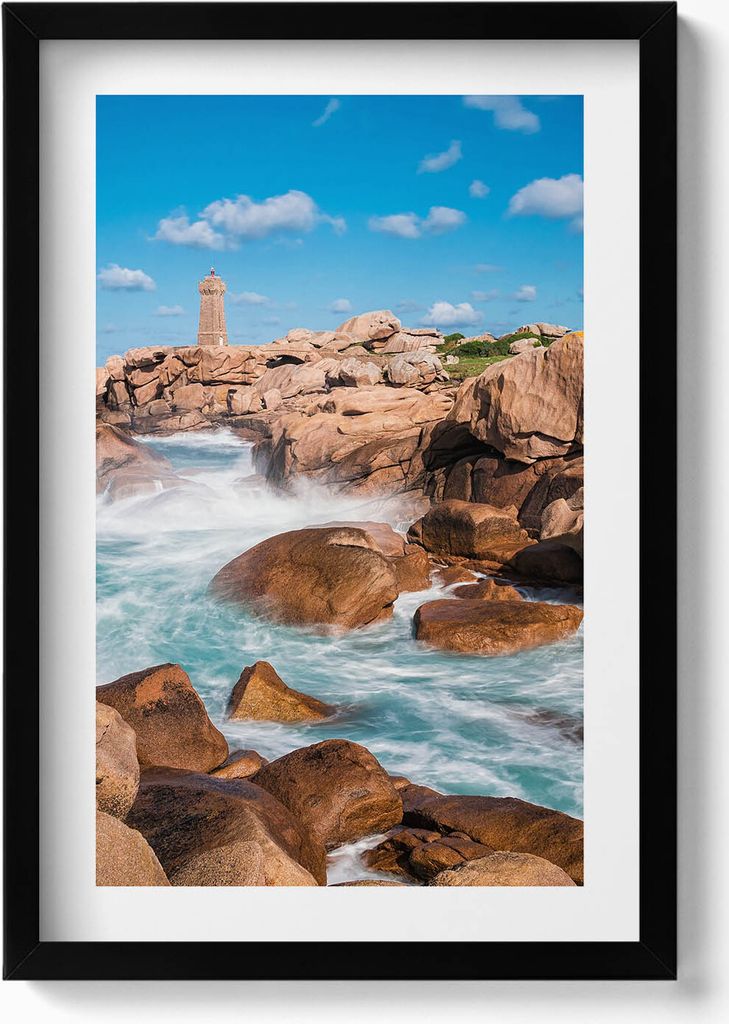 Wasser, Felsen und ein Leuchtturm– Wandbild mit Rahmen – Gerahmtes Bild – Wanddekoration – 40x60 cm – Schwarz