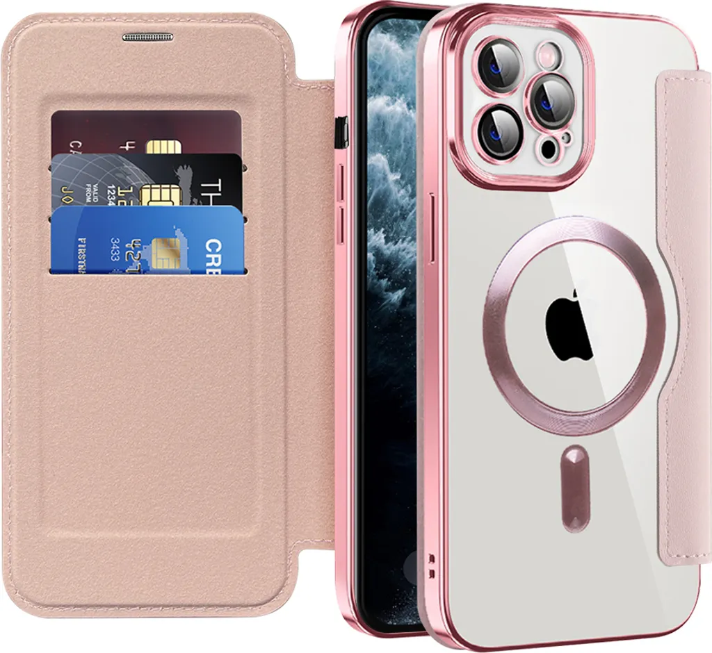 Custodia per iPhone 11 Pro Max compatibile con MagSafe, custodia trasparente con portacarte, custodia in pelle con protezione della fotocamera Rosa