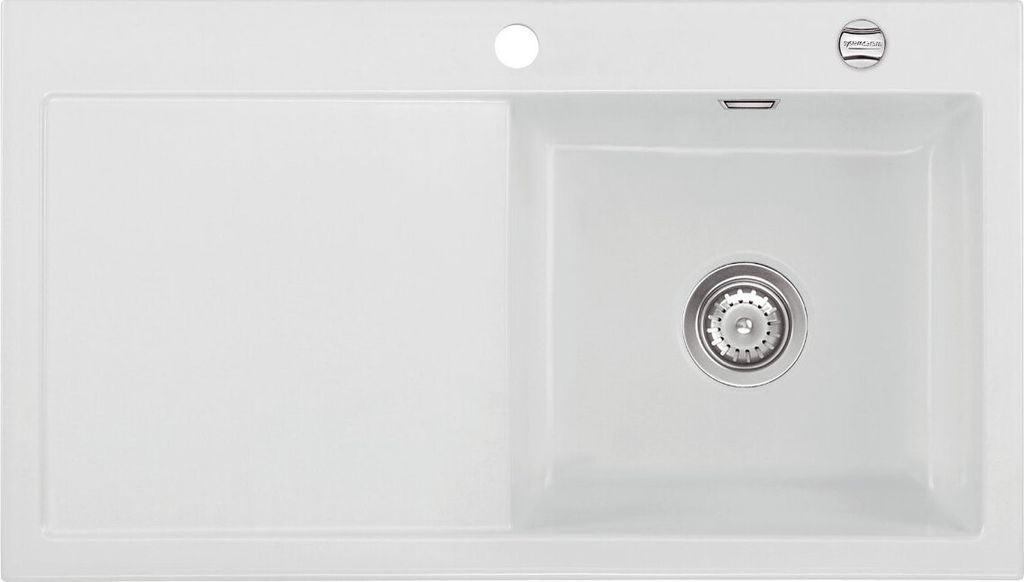 Flächenbündige Spüle MERA 90 SATIN mit Becken rechts und Excenterbedienung