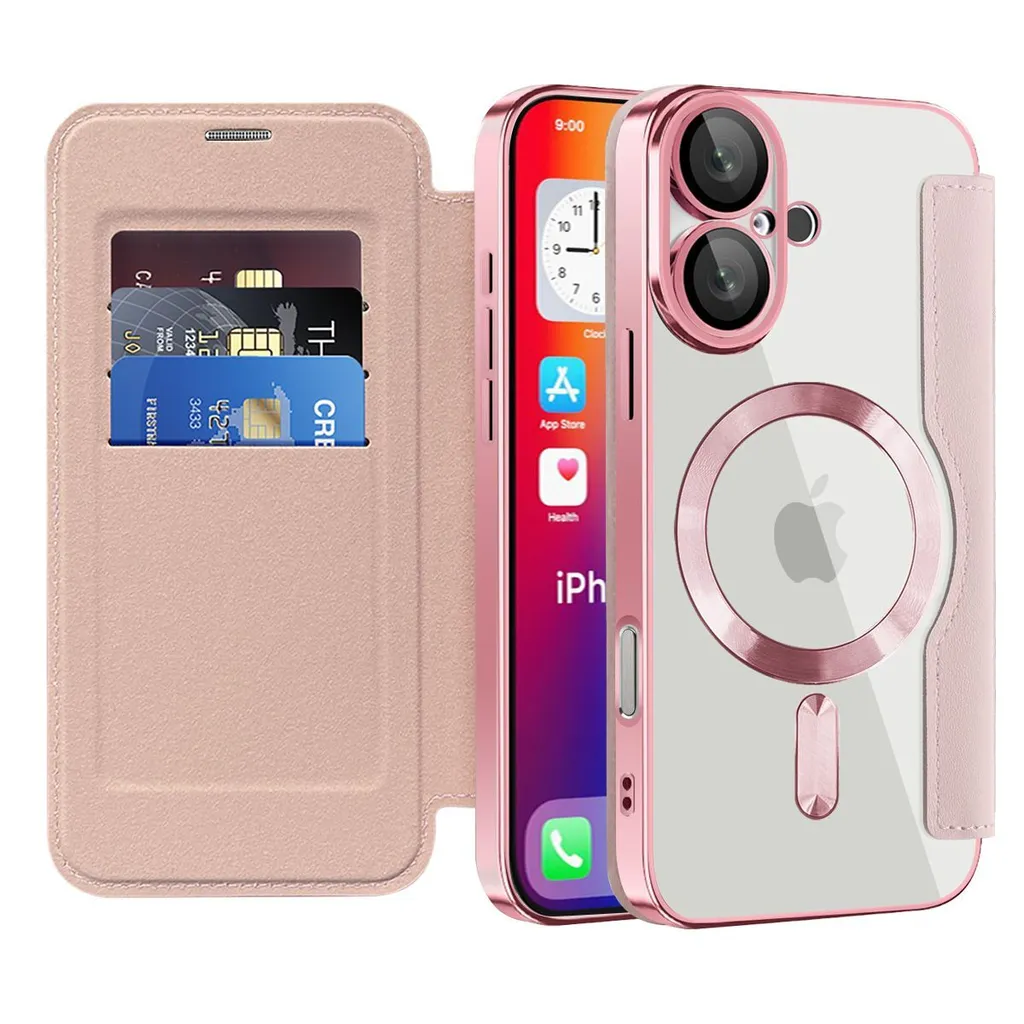 Cover MagSafe iPhone 16 Rosa Trasparente con Portacarte in Pelle
