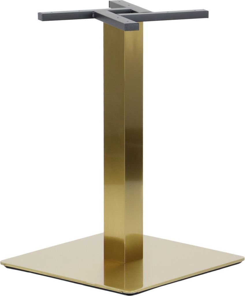 A table base with a square gold-colored base and a gold-colored rectangular column, topped with a gray crossbar for attaching a tabletop.