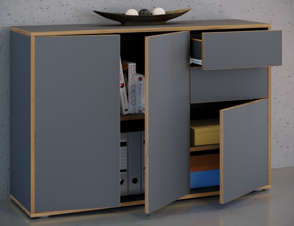 VCM Holz Kommode | Sideboard mit Drehtüren und Schubladen | Büromöbel | Maße ca H. 74 x B. 110 x T. 32cm - Salia