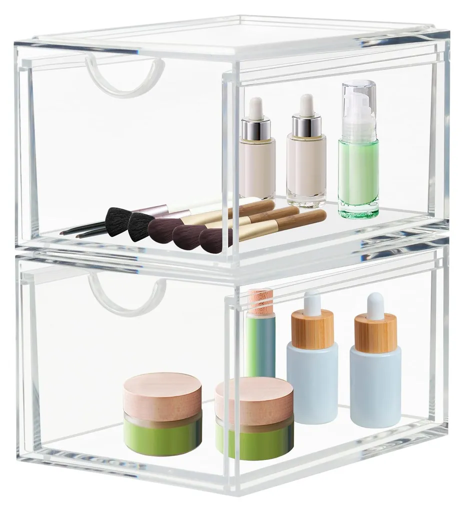 Organisateur cosmétique transparent : bacs de rangement empilables x2