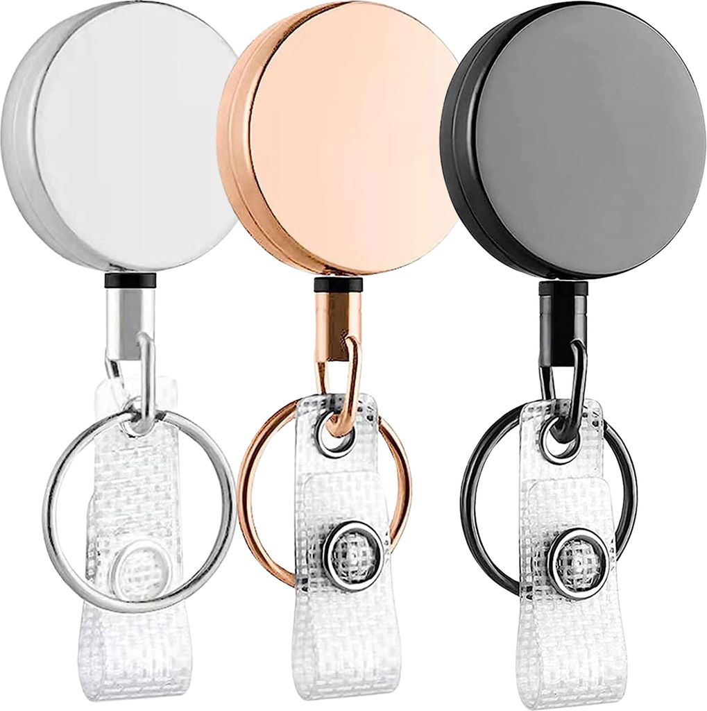 3-teiliger einziehbarer Ausweishalter, Metallkarten-Schluesselring-Clip und Ausweisband, 60 cm, Stahldrahtseil, ausziehbare, langlebige Guertelroll...