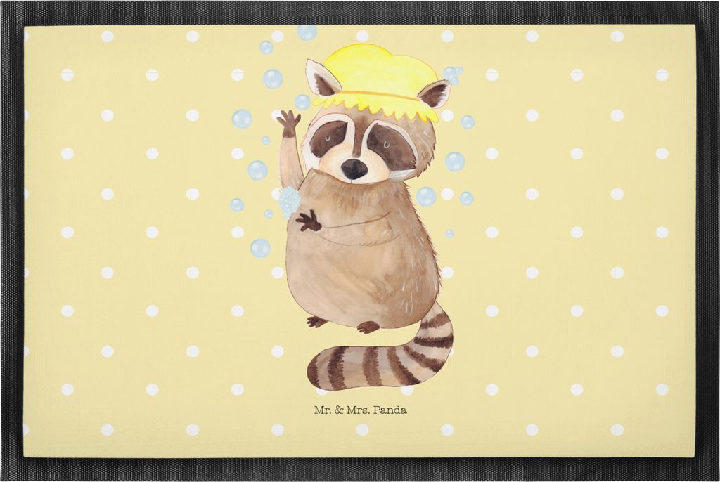 Mr. & Mrs. Panda Gummimatte Waschbär 50 x 75 cm - Gelb Pastell - Geschenk, Türvorleger, fußmatte, Waschen, Plan, Bodenvorleger, Lustige Sprüche...
