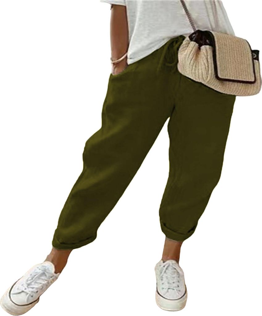 ASKSA Damen Leinenhose Casual Leicht Sommerhose Bequeme Luftige Hose Freizeithose Strandhose mit Taschen (Armeegruen,3XL)