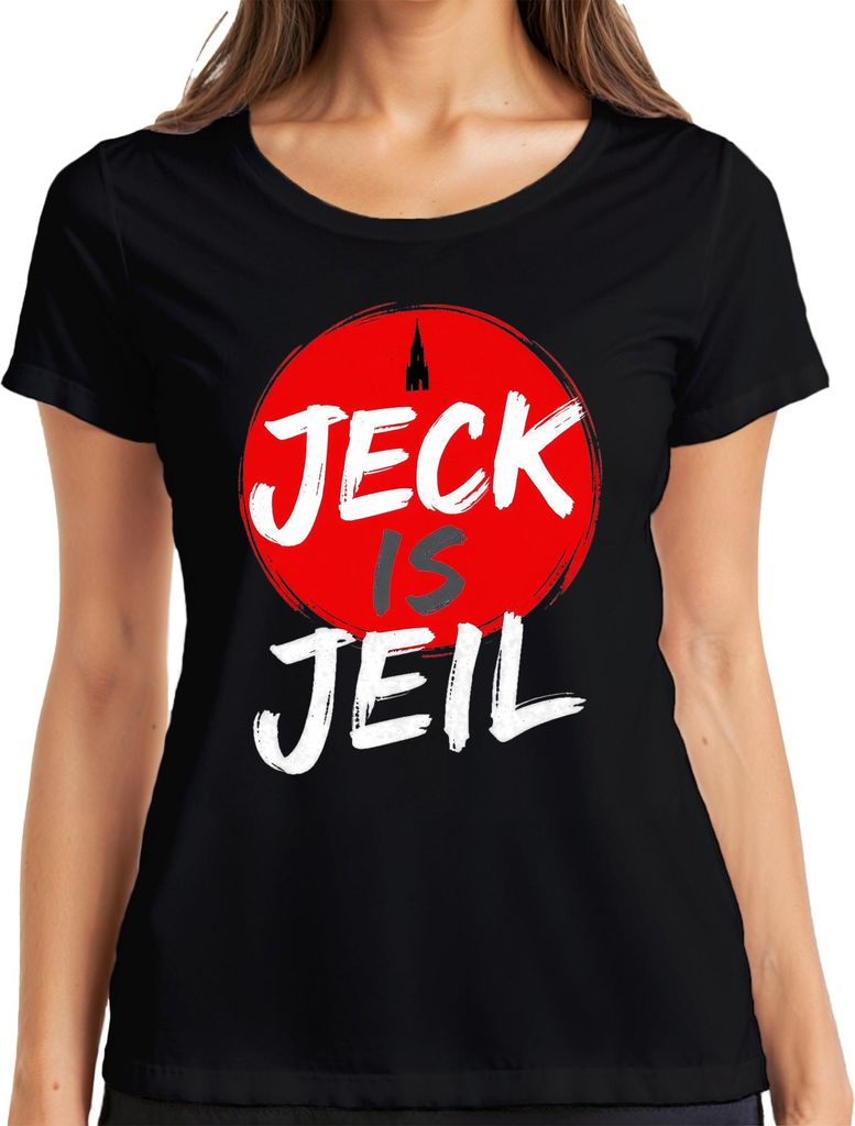 Jeck is Jeil Köln Karneval Kölsch Dom Fastelovend lustig Fasching Damen T-Shirt, Schwarz, M